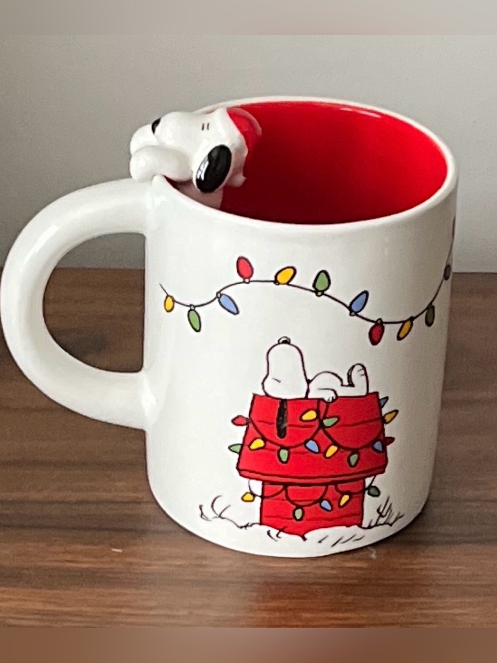 Peanuts Holiday Lights Christmas Ceramic Mug with Red Interior and Snoopy Accent